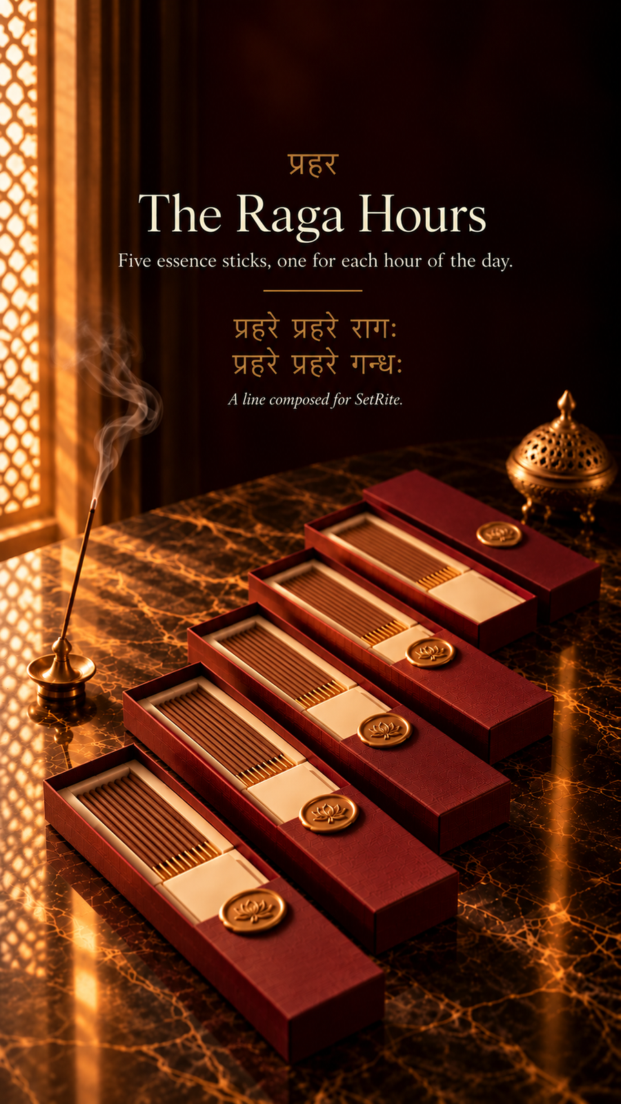 Illustration: five maroon boxes of essence sticks with wax lotus seals on dark marble